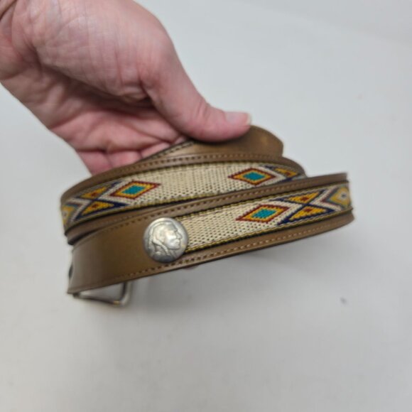 Vintage 46" Brown Leather Belt With Woven Southwestern Pattern & Silver Coin - Picture 4 of 7